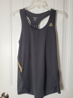 Women's Reebok Black Athletic Racerback Tank with Gold Logo.  Size Small